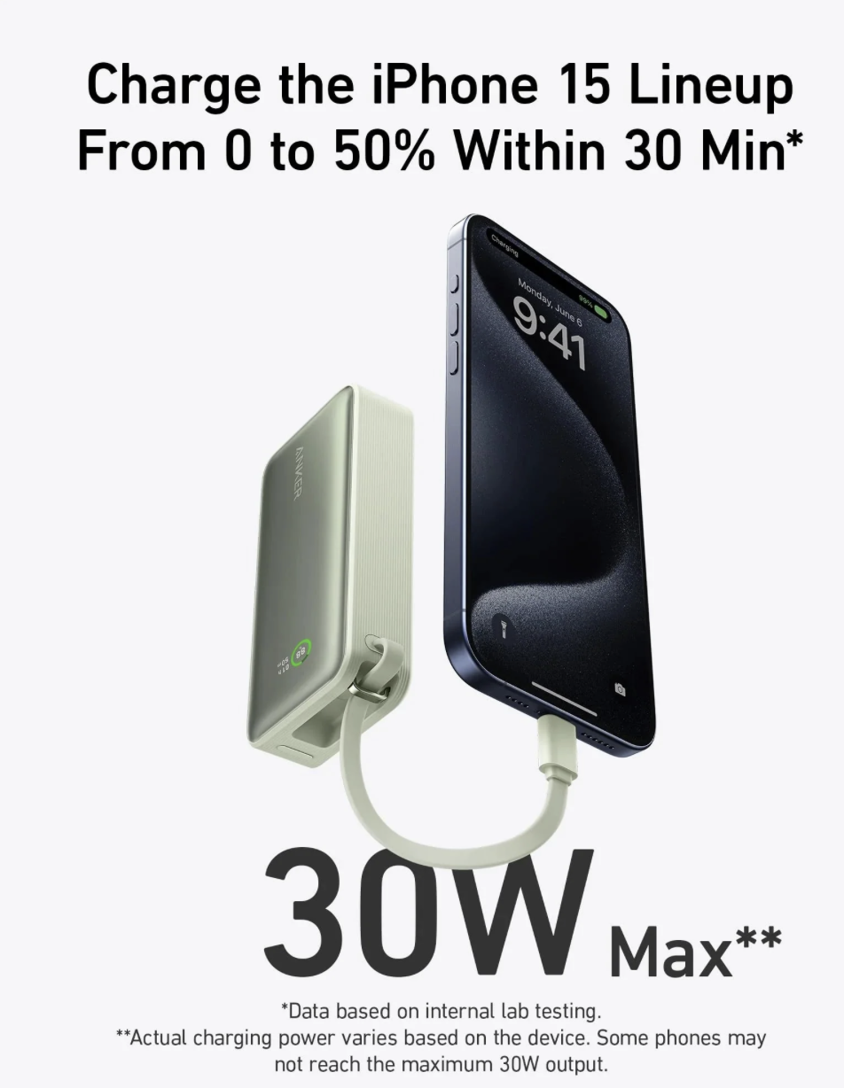 Anker Nano Power Bank, 10,000mAh with Built-In USB-C Cable, 30W Fast Charging
